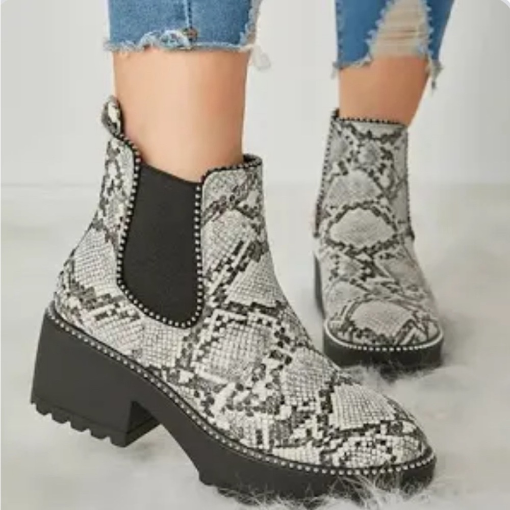 Cupid Lug Sole Faux Snakeskin Boots, size 8